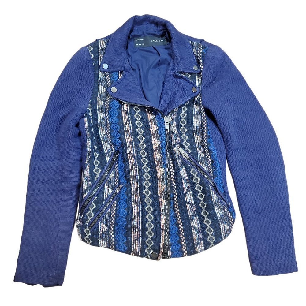 Zara Basic Womens Blue Aztec Tribal Moto Asymmetrical Full Zip Jacket Size S